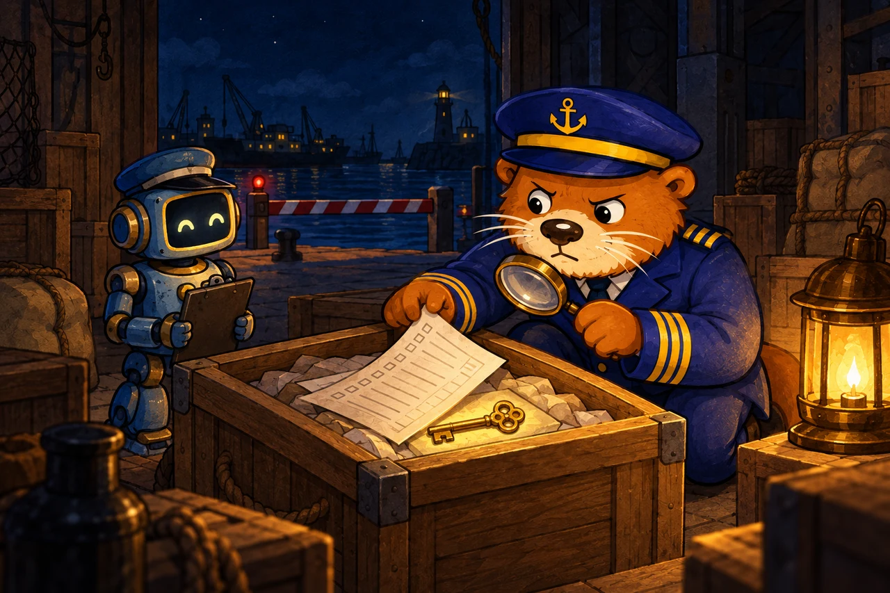 Captain Patch inspects a leaking cargo crate under a lantern while a closed harbour barrier holds the shipment.