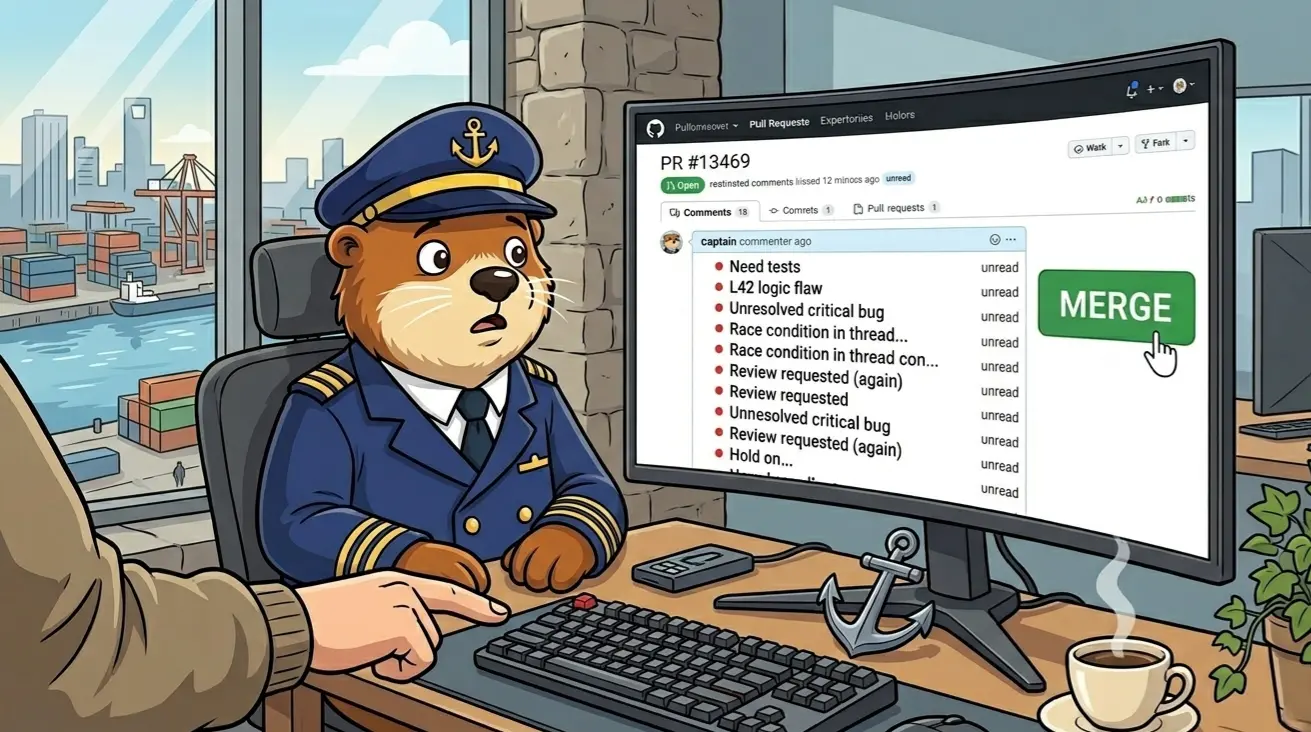 Captain Patch watching a long thread of unread review comments scroll past on a PR while a developer reaches for the merge button anyway