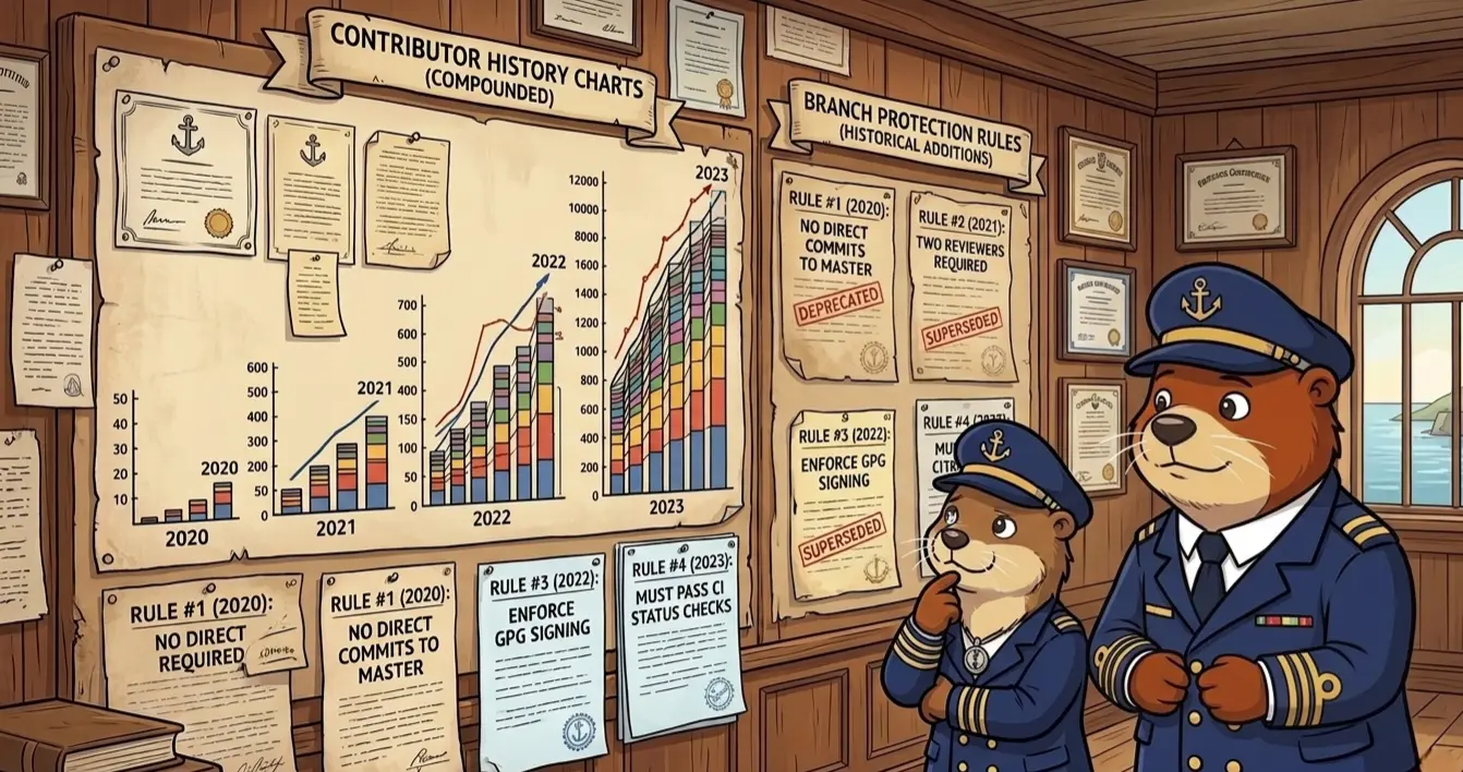 Captain Patch and Captain Scout looking at a wall covered in branch protection rules and contributor history charts that compound over time