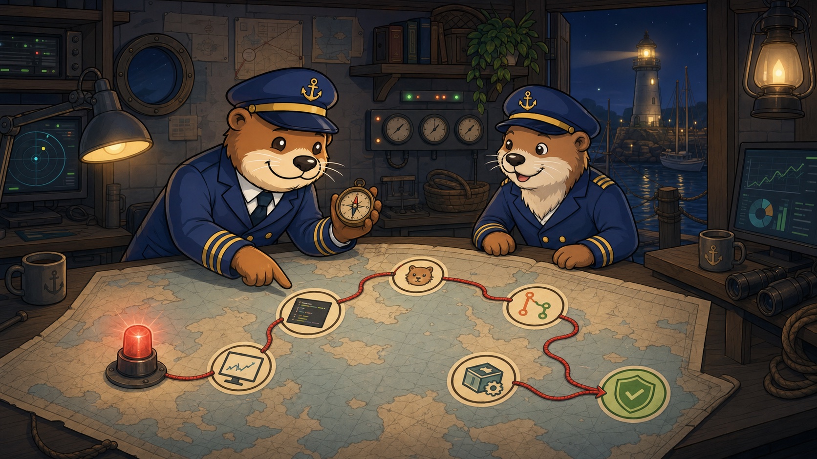 Autter and Captain Scout tracing a production incident across a map to a verified fix