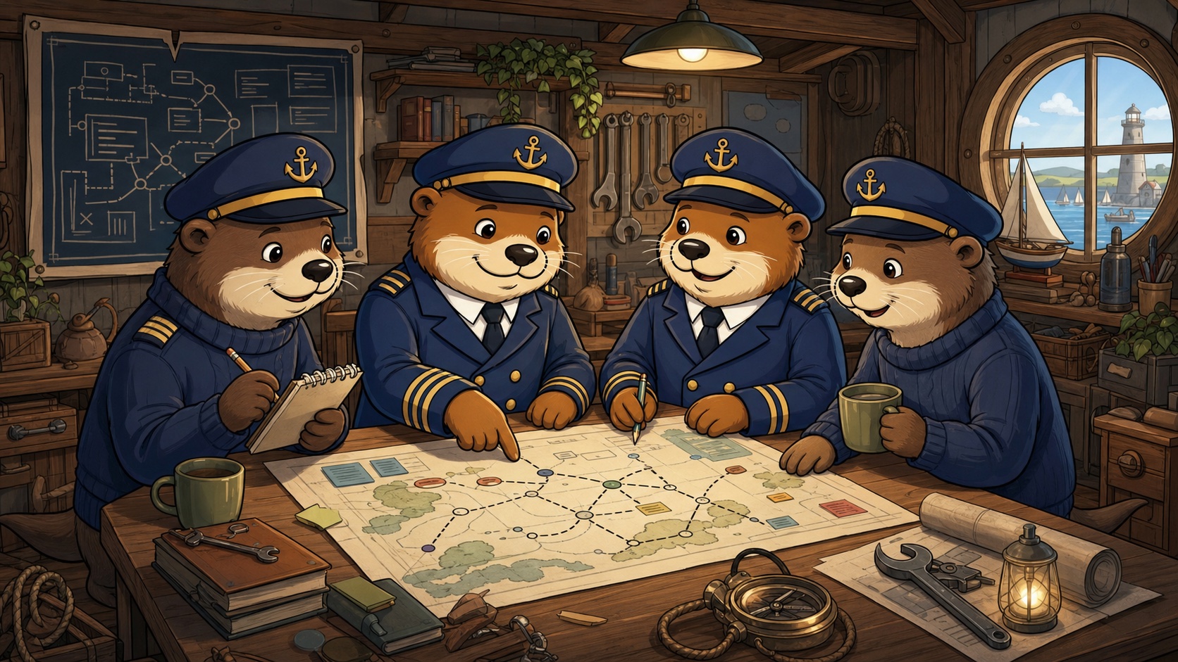 Autter and an all-otter engineering crew collaborating around a shared product map