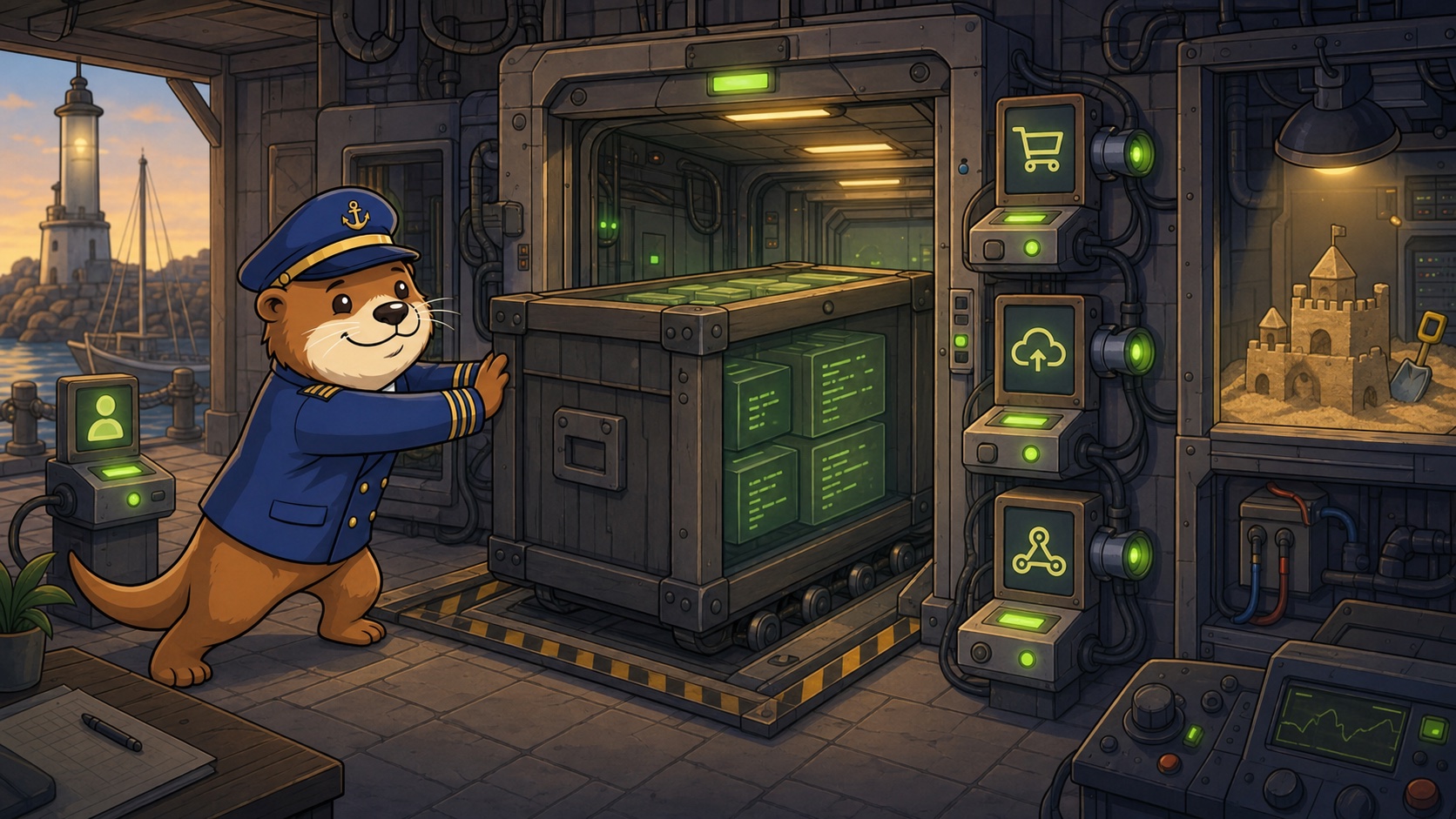 Autter pushing a heavy crate of code into a running test lift
