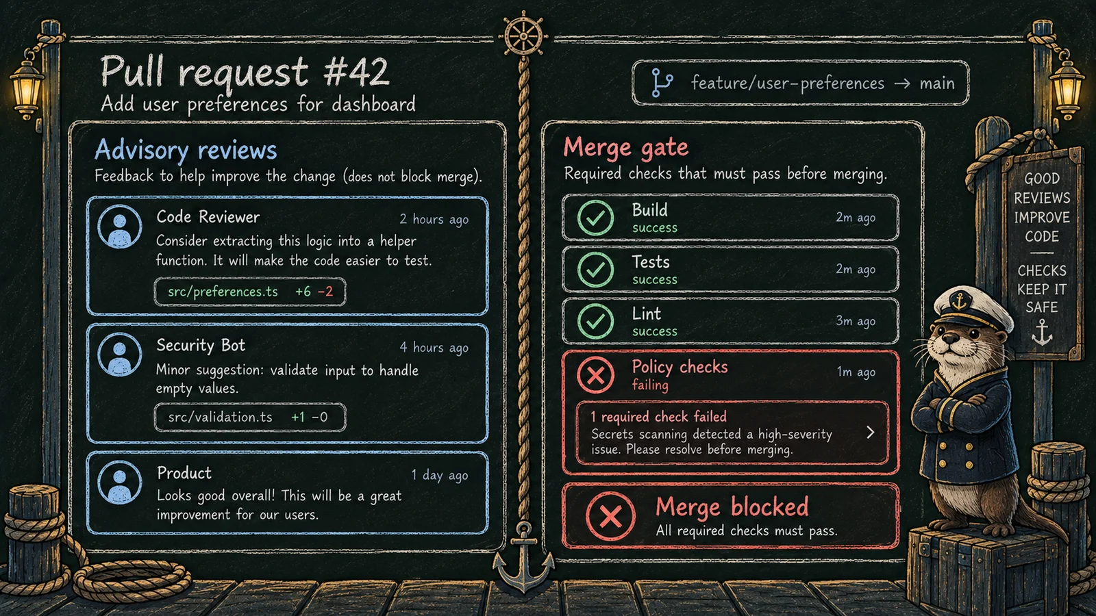 PR screen split into advisory review thread with findings on the left and a separate red-X failing merge gate check on the right, Captain Patch standing on the gate side