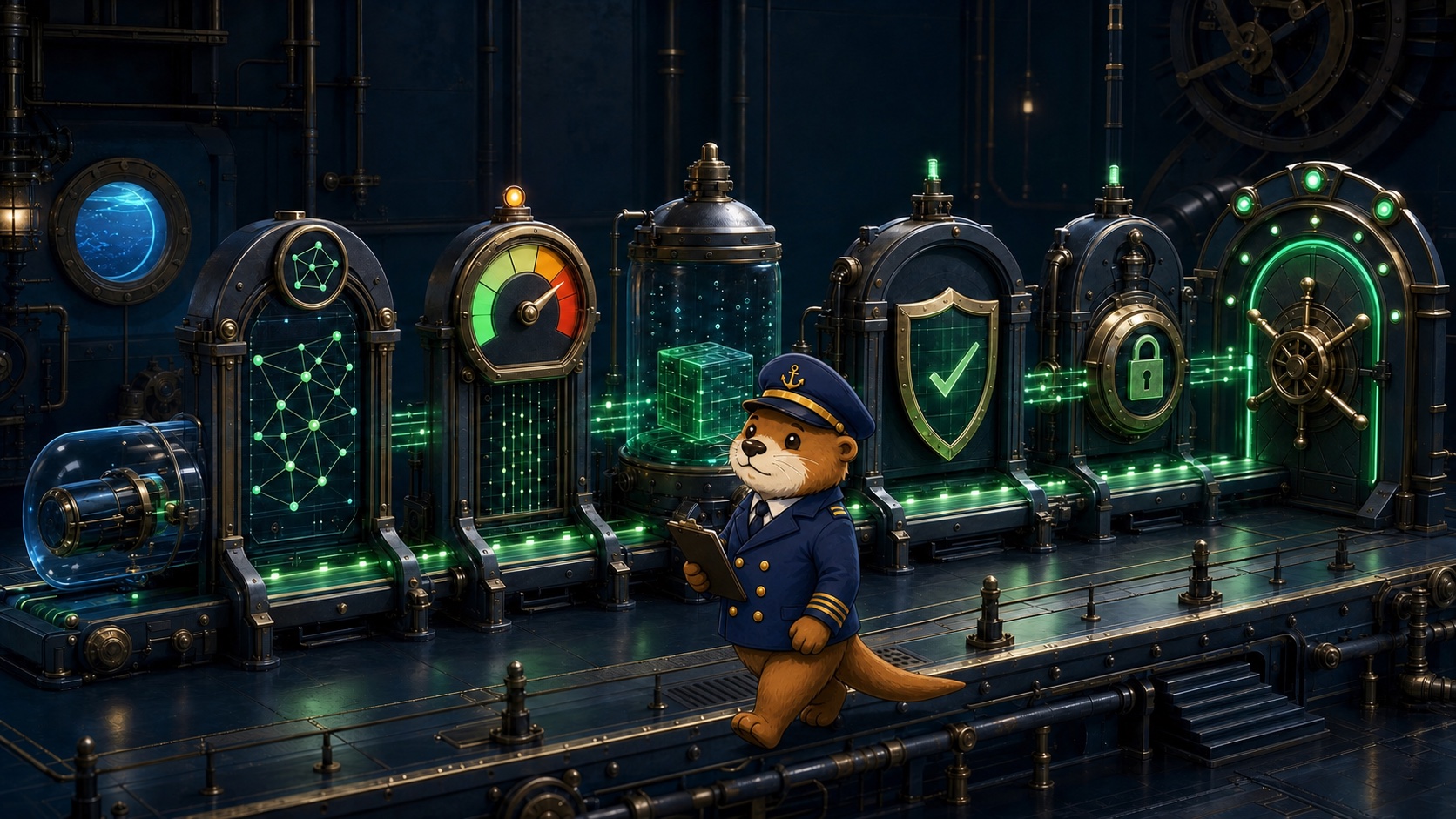 Captain Patch supervising a mechanical assurance line moving a pull request through context, risk, runtime, security, policy and merge checks