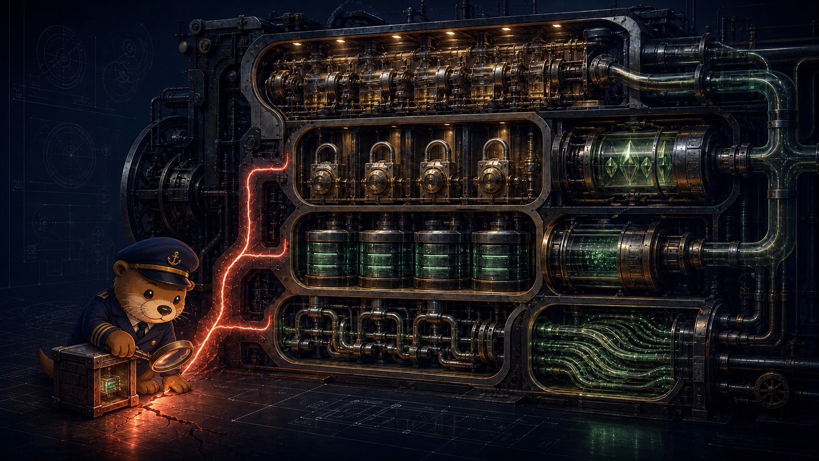 Captain Patch investigating a tiny pull request connected by a glowing fault line to a vast system of locks, data stores and service pipes