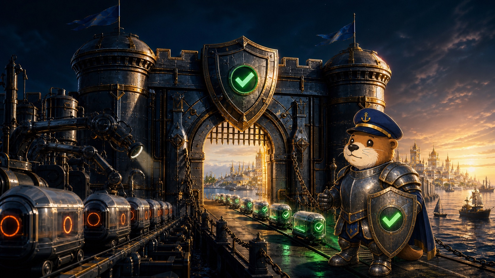 Captain Patch in otter-sized armour guarding a gate that admits verified pull request capsules into a calm production harbour