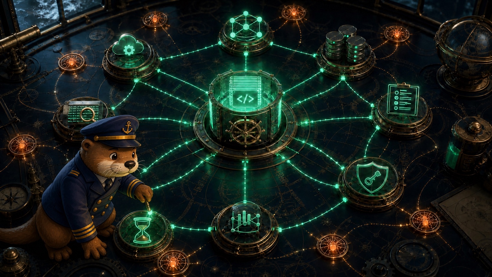 Captain Patch maintaining a central code repository vault connected to APIs, databases, tests, documentation, CI, logs and historical risk signals