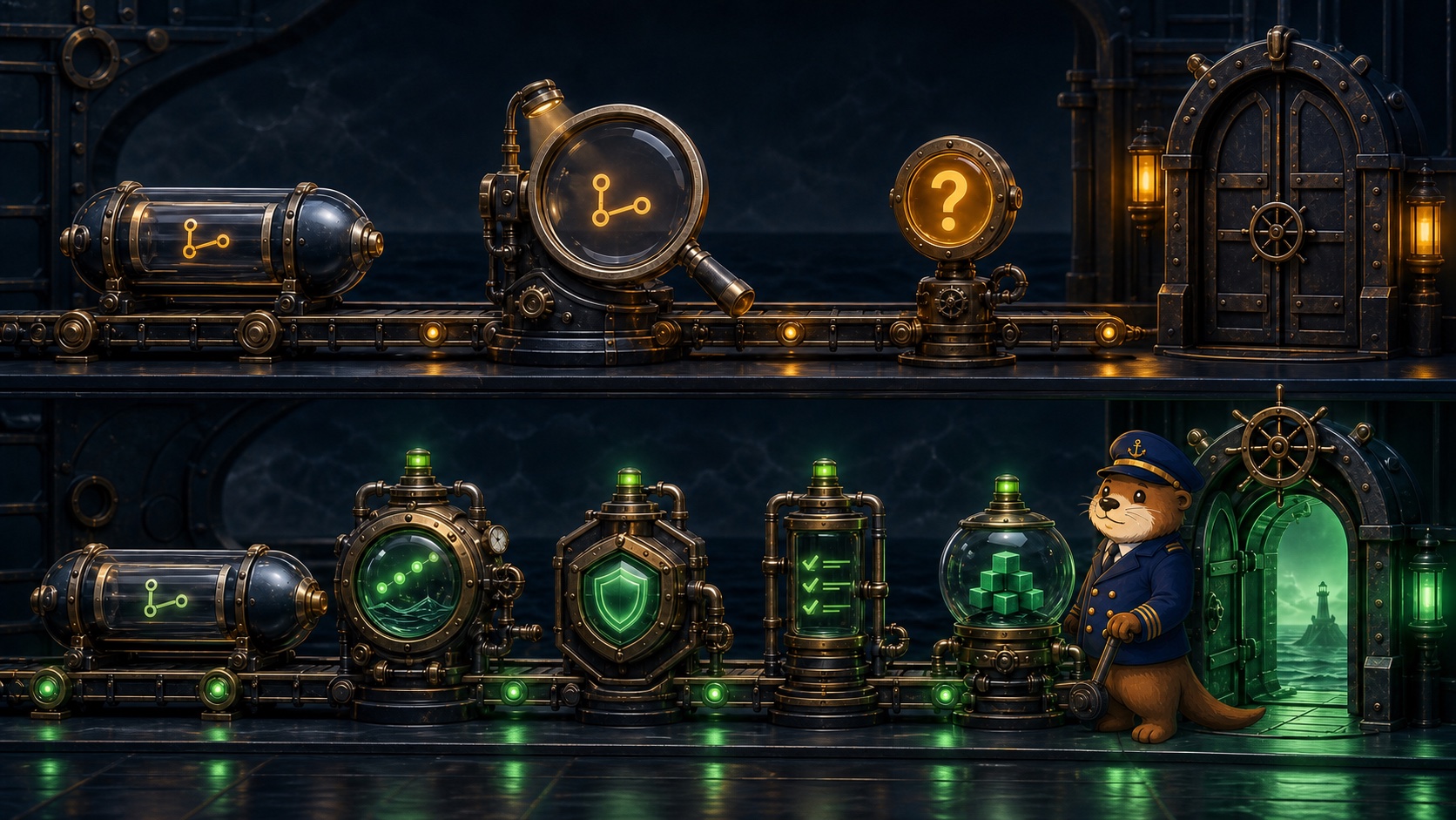 Two parallel pull request lanes, one ending after review with an unresolved question and the other passing evidence checks before Captain Patch opens the gate