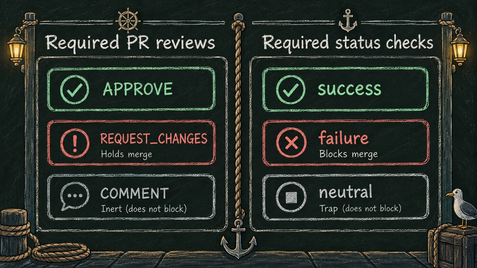 Diagram of GitHub's two merge levers: required pull request reviews with Approve, Request Changes, Comment states, and required status checks with success, failure, neutral conclusions, with neutral marked as non-blocking