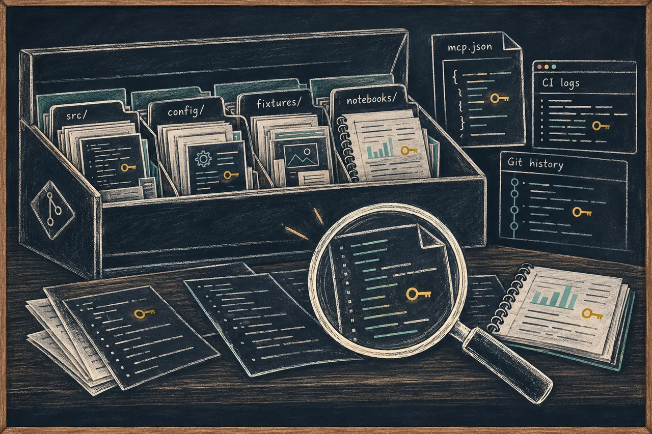 Blackboard illustration of exposed keys hidden in source files, configuration, test fixtures, notebooks, agent settings, CI logs, and Git history.
