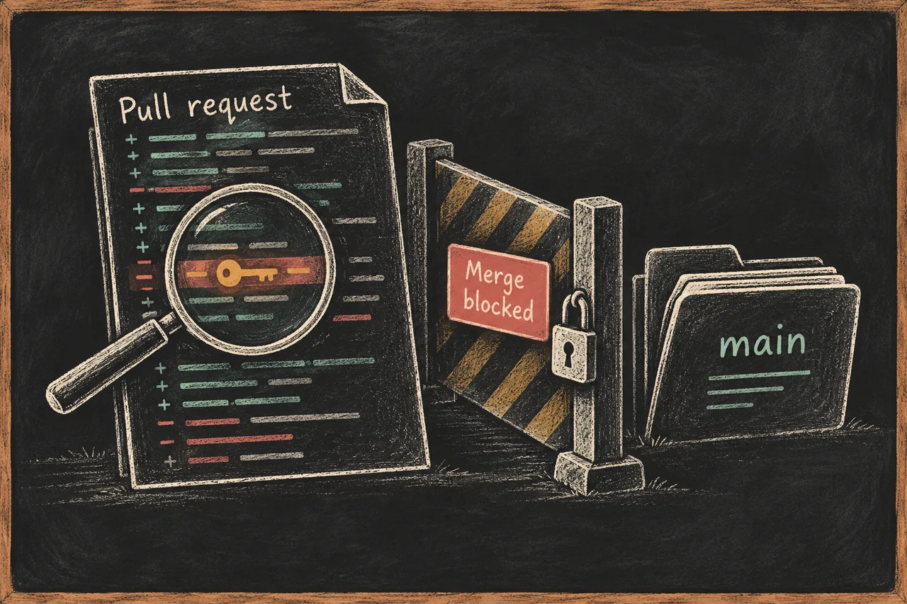 Blackboard illustration of a pull-request diff with an exposed key under a magnifying glass, stopped by a merge barrier before the main repository.