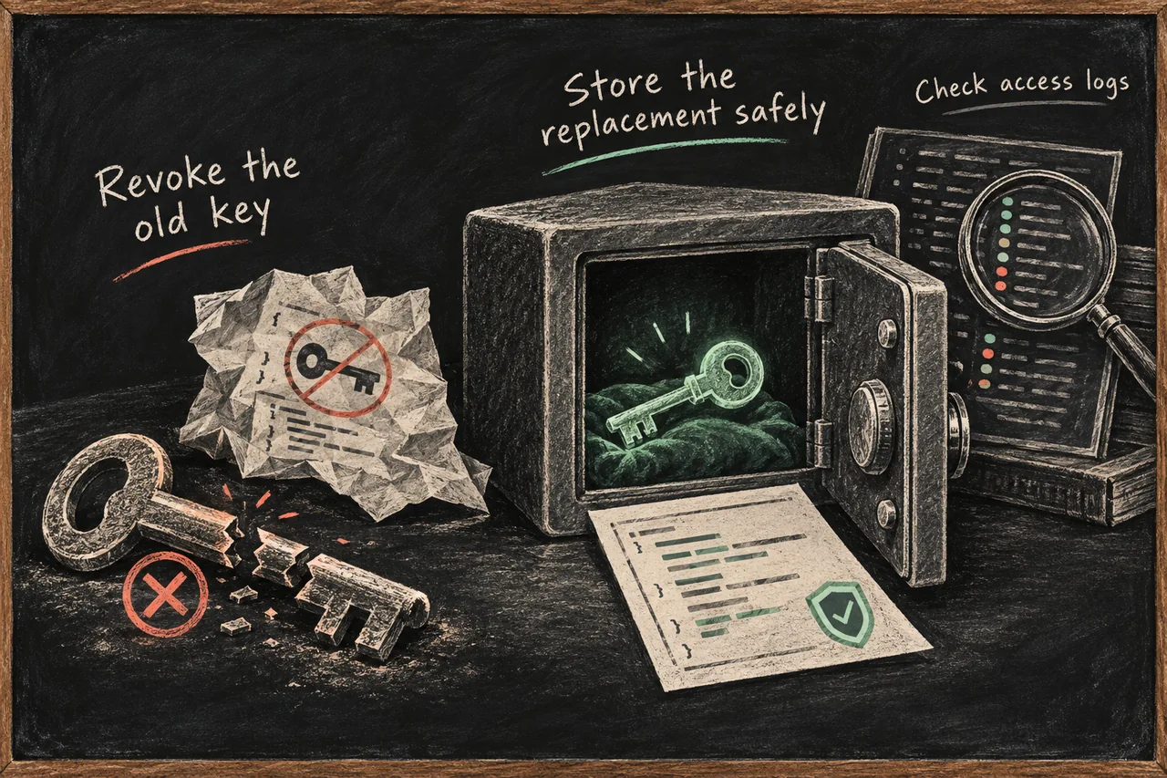 Blackboard illustration of a revoked broken key, its replacement stored in a secure vault, and access logs inspected with a magnifying glass.