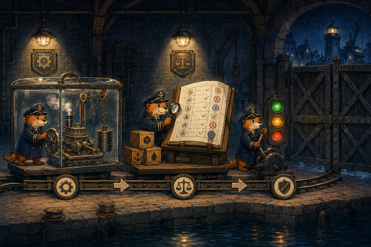 A three-stage harbour inspection shows Captain Patch running a mechanism in a sandbox, checking cargo against a registry, and operating a pass-warn-block merge gate.