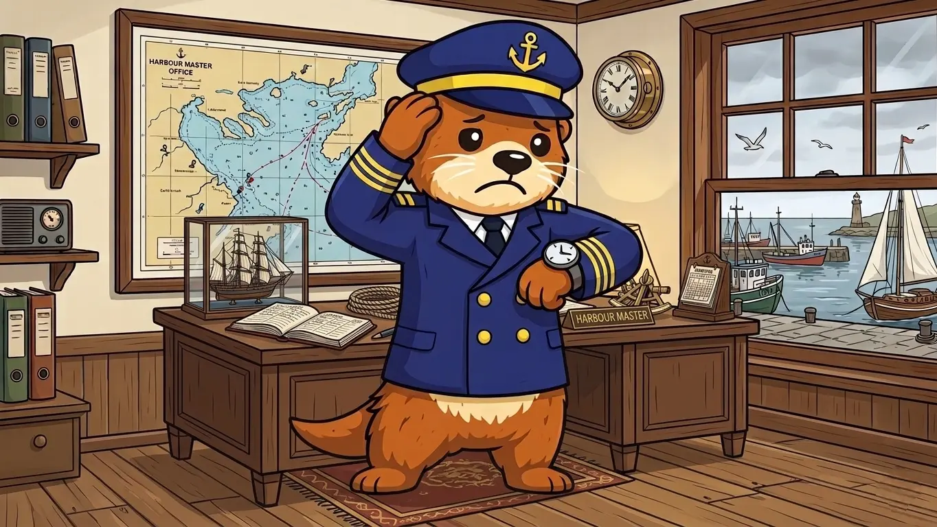 Captain Patch with one hand on his head, looking at his watch, mildly disappointed in himself