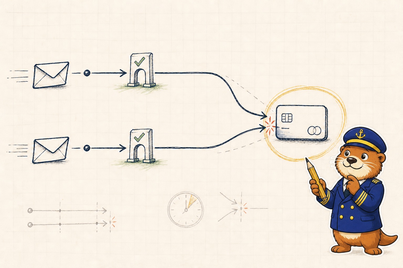 Captain Patch tracing two concurrent requests that both pass a green gate before colliding at the same payment card