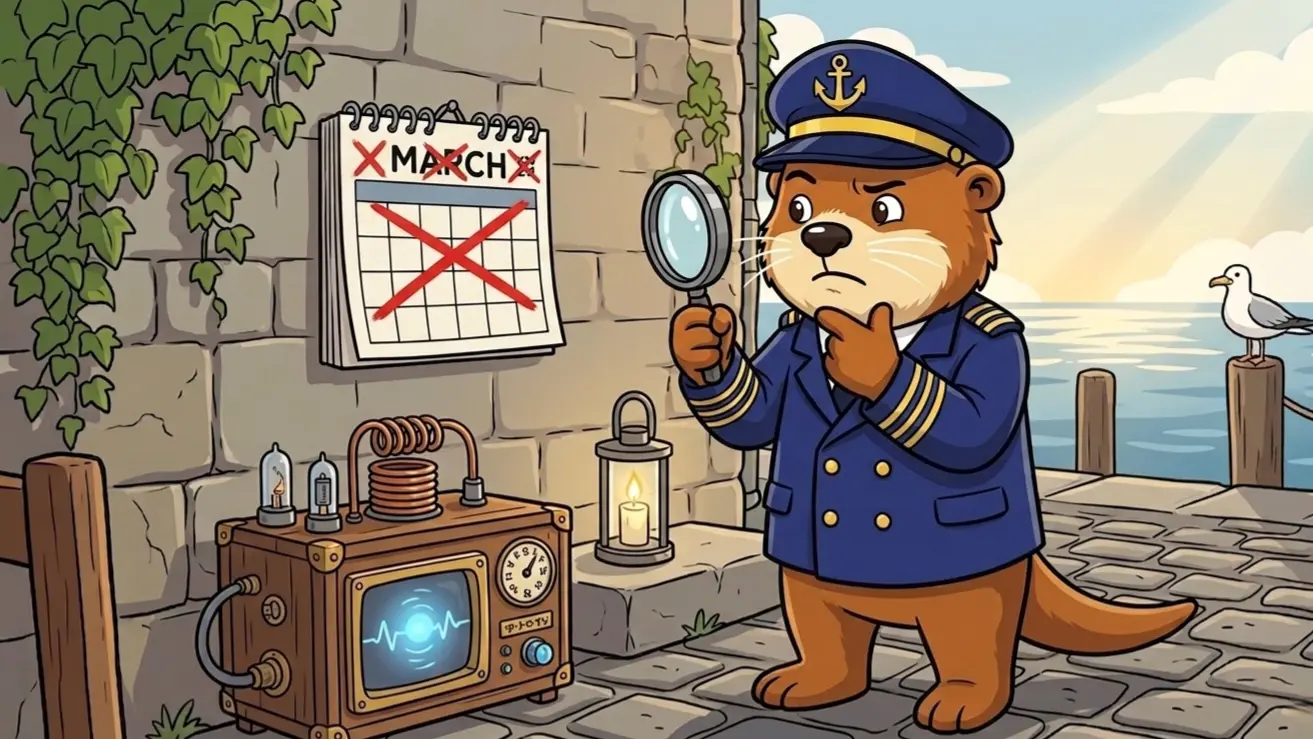 Captain Patch standing next to a small wooden time machine in the harbour, looking puzzled at a calendar with March crossed out twice