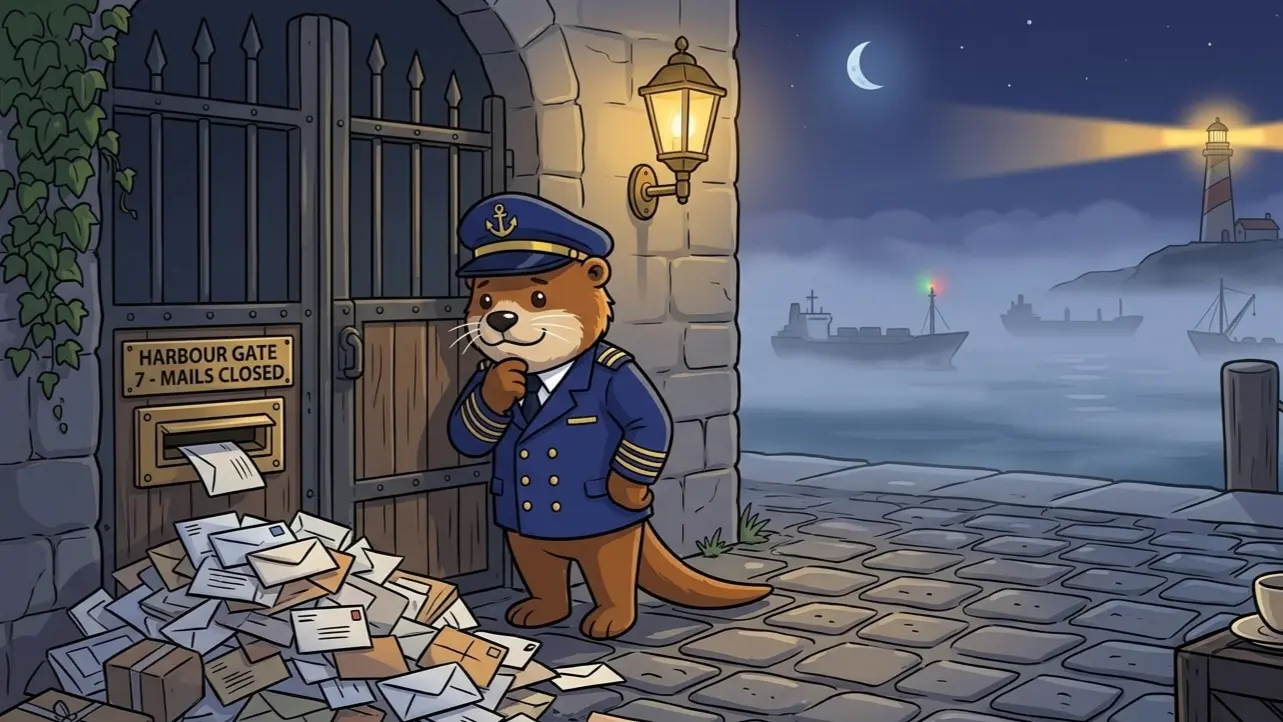 Captain Patch on the harbour deck watching letters pile up at the gate while the lighthouse blinks late and ships drift in the fog