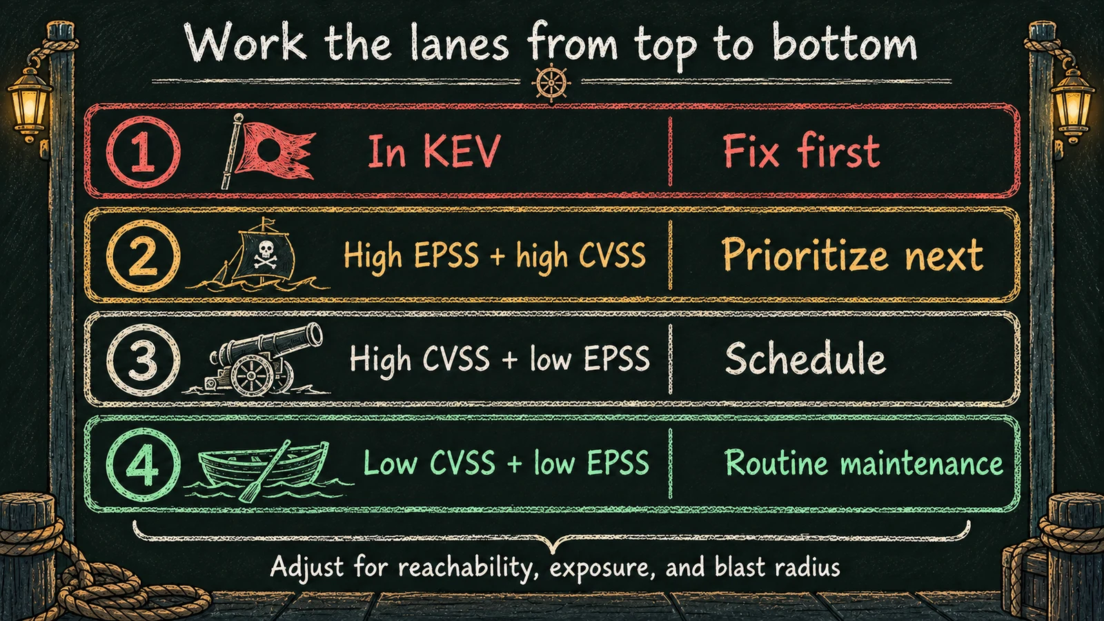 Four chalkboard priority lanes: fix KEV first, prioritize high EPSS with high CVSS next, schedule high CVSS with low EPSS, and batch low scores into routine maintenance. Adjust each lane for reachability, exposure, and blast radius.