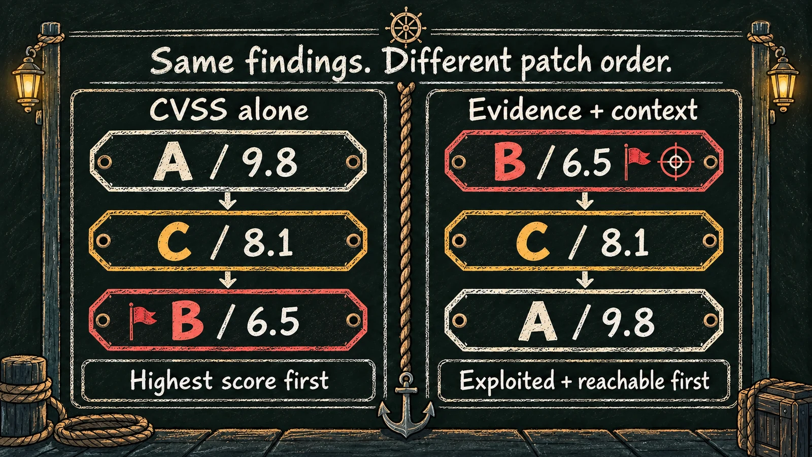 A chalkboard shows CVSS-only ordering A, C, B beside evidence-based ordering B, C, A. Finding B is exploited and reachable despite its lower 6.5 score. The findings are illustrative.