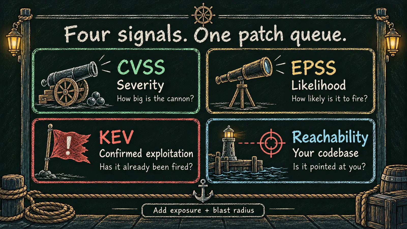 A nautical chalkboard compares CVSS severity, EPSS likelihood, KEV confirmed exploitation, and reachability in your codebase, with exposure and blast radius added as context.